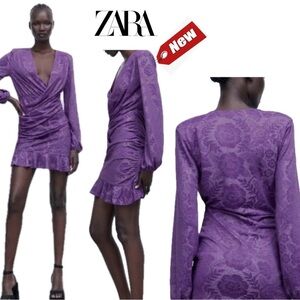 Zara purple jacquard ruffle frill draped ruched long sleeve wrap dress NWT